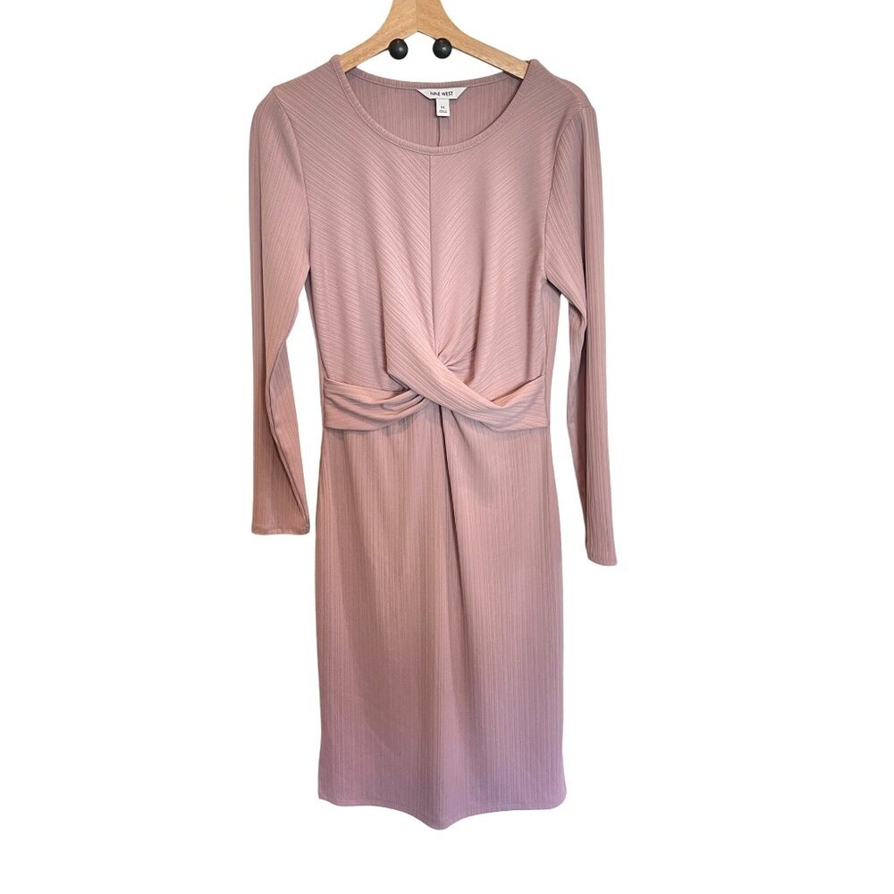 Nine West Long Sleeve Knit Dress Ribbed Twist Front Blush Pink Grape Sz M